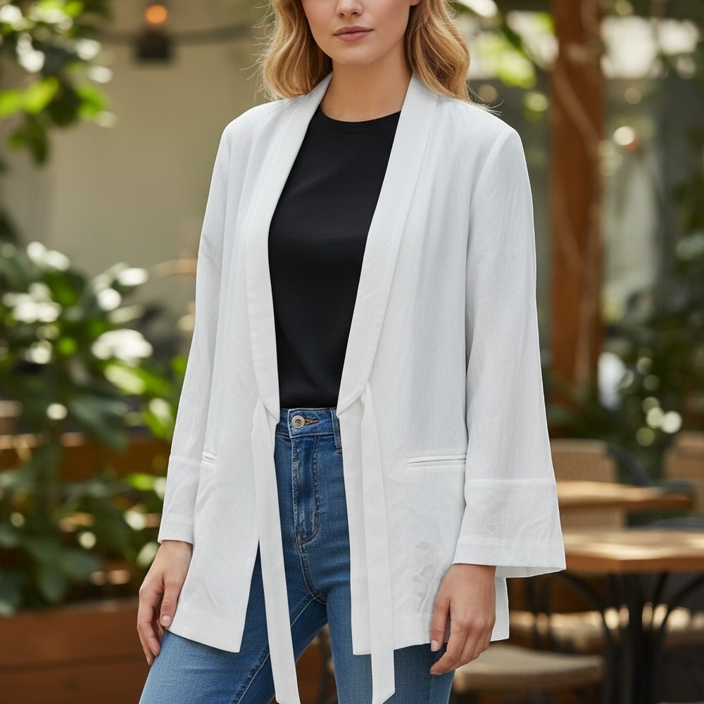 Soft Surroundings Kingston Jacket Ivory Open Front Tie Blazer 2CB41 Large NEW